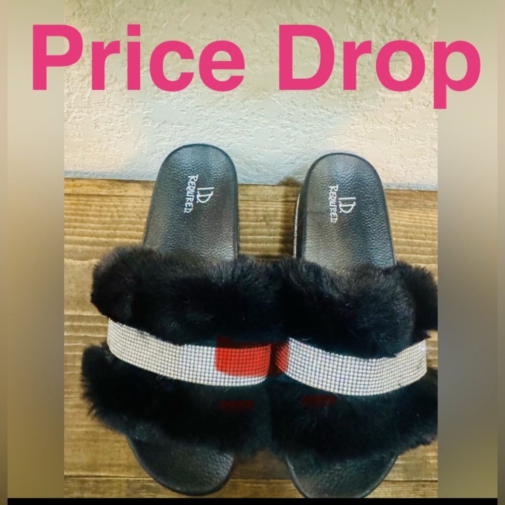 Black Fur Slide Sandals with Bling.